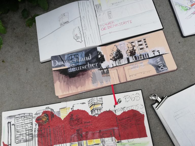 Foto und Zeichnung von Urban Sketching Berliner Mauer